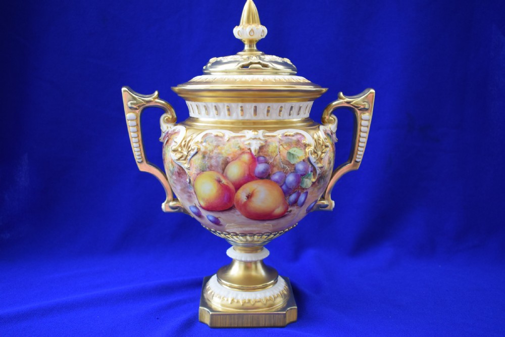Royal Worcester painted fruit pot pourri vase of Trophy shape,