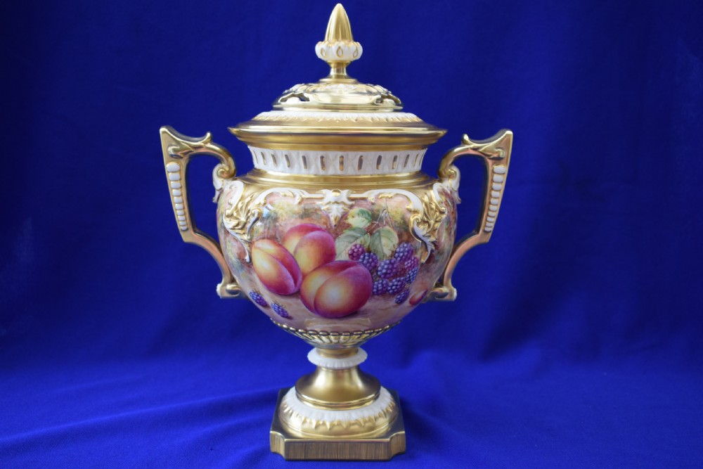 Royal Worcester painted fruit pot pourri vase of Trophy shape, View II