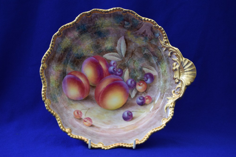 Royal Worcester painted fruit shell handled dessert dish