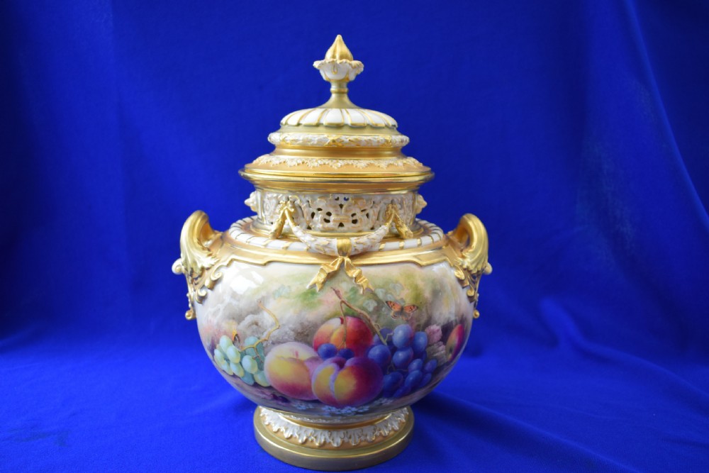 Royal Worcester painted fruit Bow vase, early pink mark period