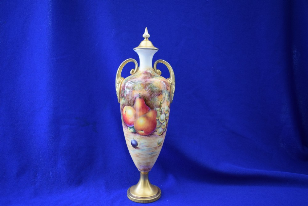 Royal Worcester painted fruit vase and cover signed R Lewis
