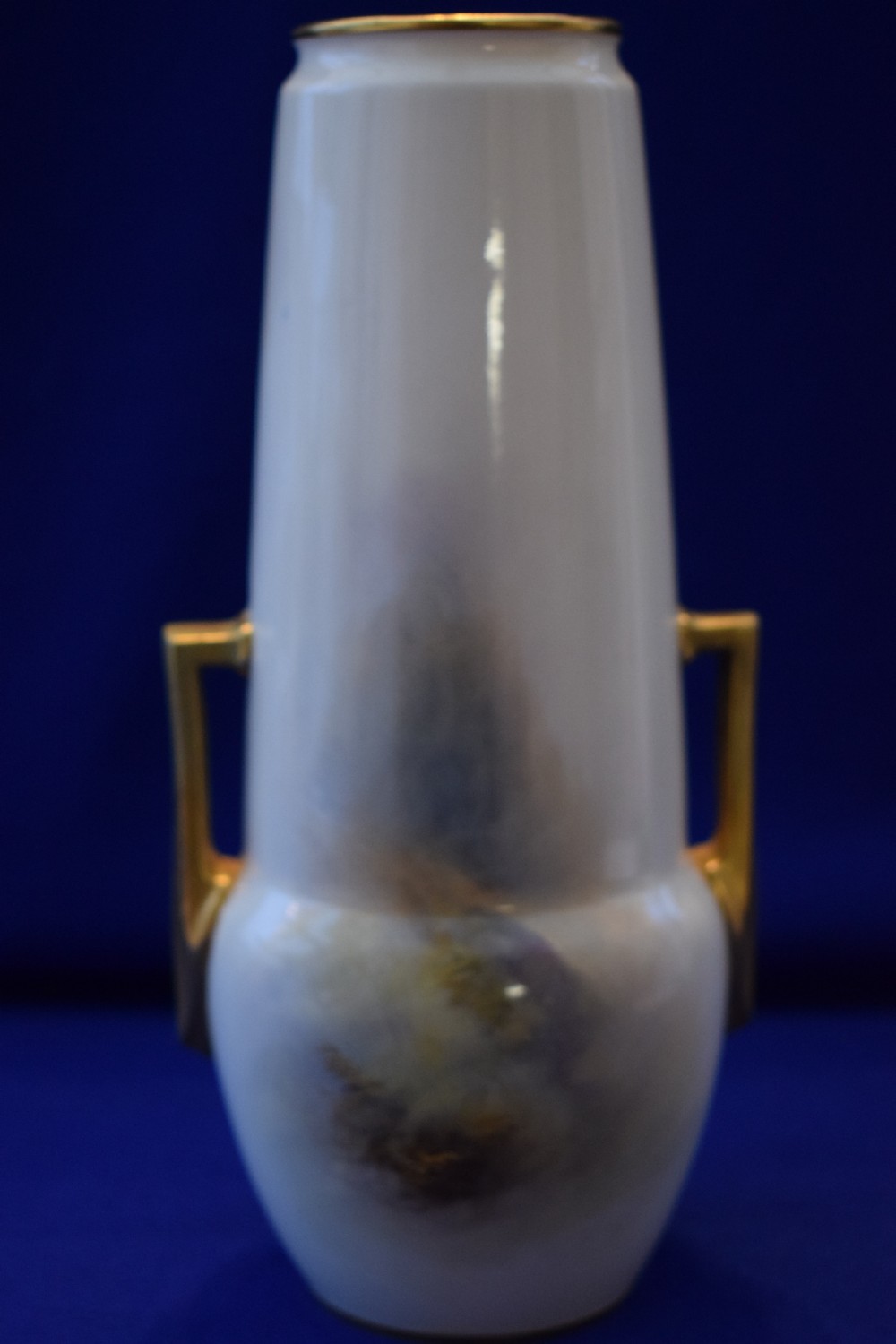 A tall, tapered antique Royal Worcester porcelain vase featuring a hand-painted scene of two sheep in a misty highland landscape with gilded angular side handles. View III