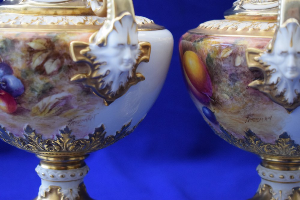 Royal Worcester pair of painted fruit vases by Freeman View VI