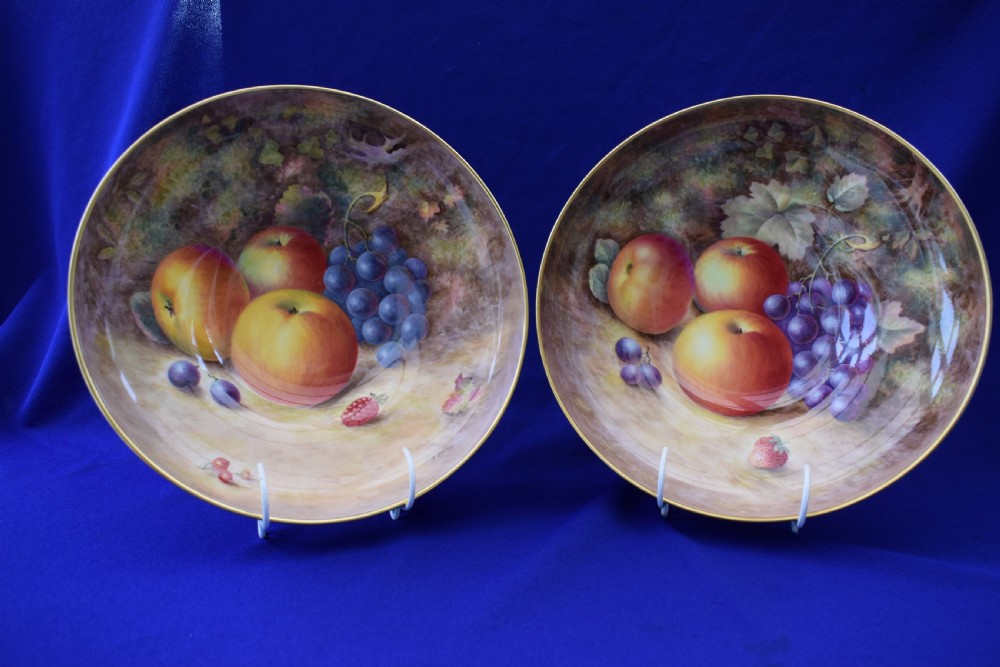 Royal Worcester pair of painted fruit floating flower bowls by H Ayrton