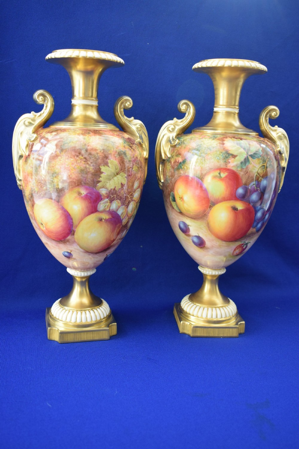 Royal Worcester pair of painted fruit large vases