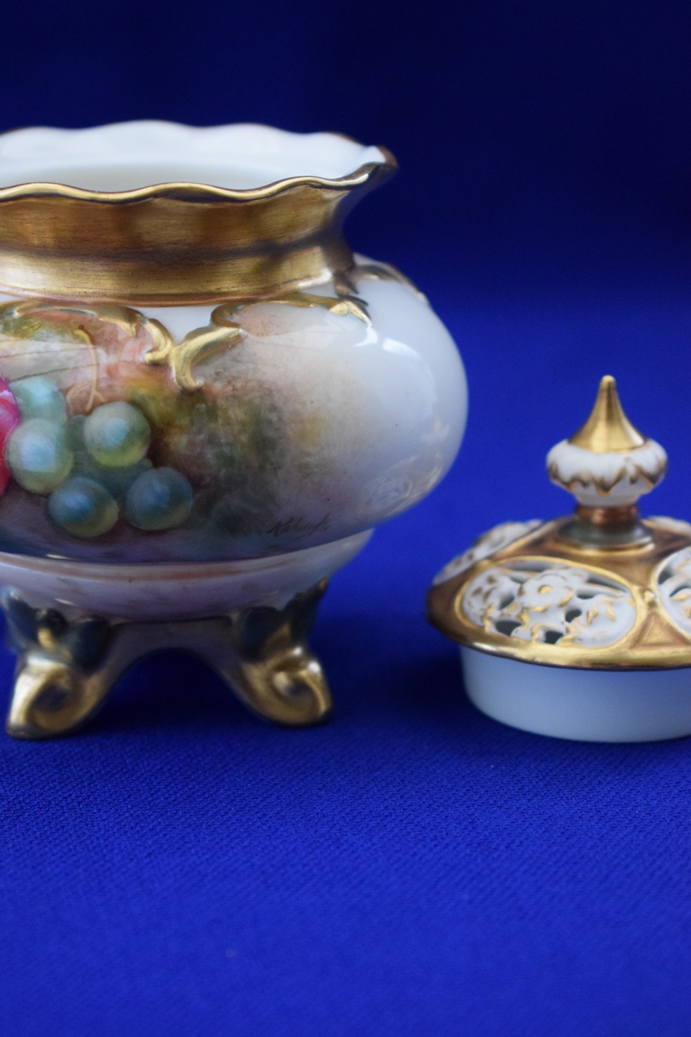 Royal Worcester painted fruit pot pourri vase and cover View III