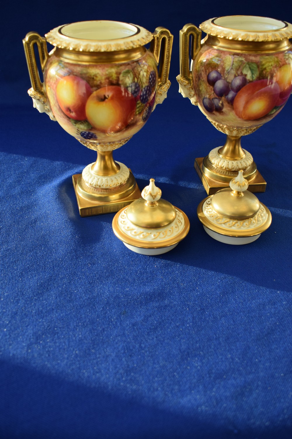 Royal Worcester pair of painted fruit vases and covers by Freeman View V