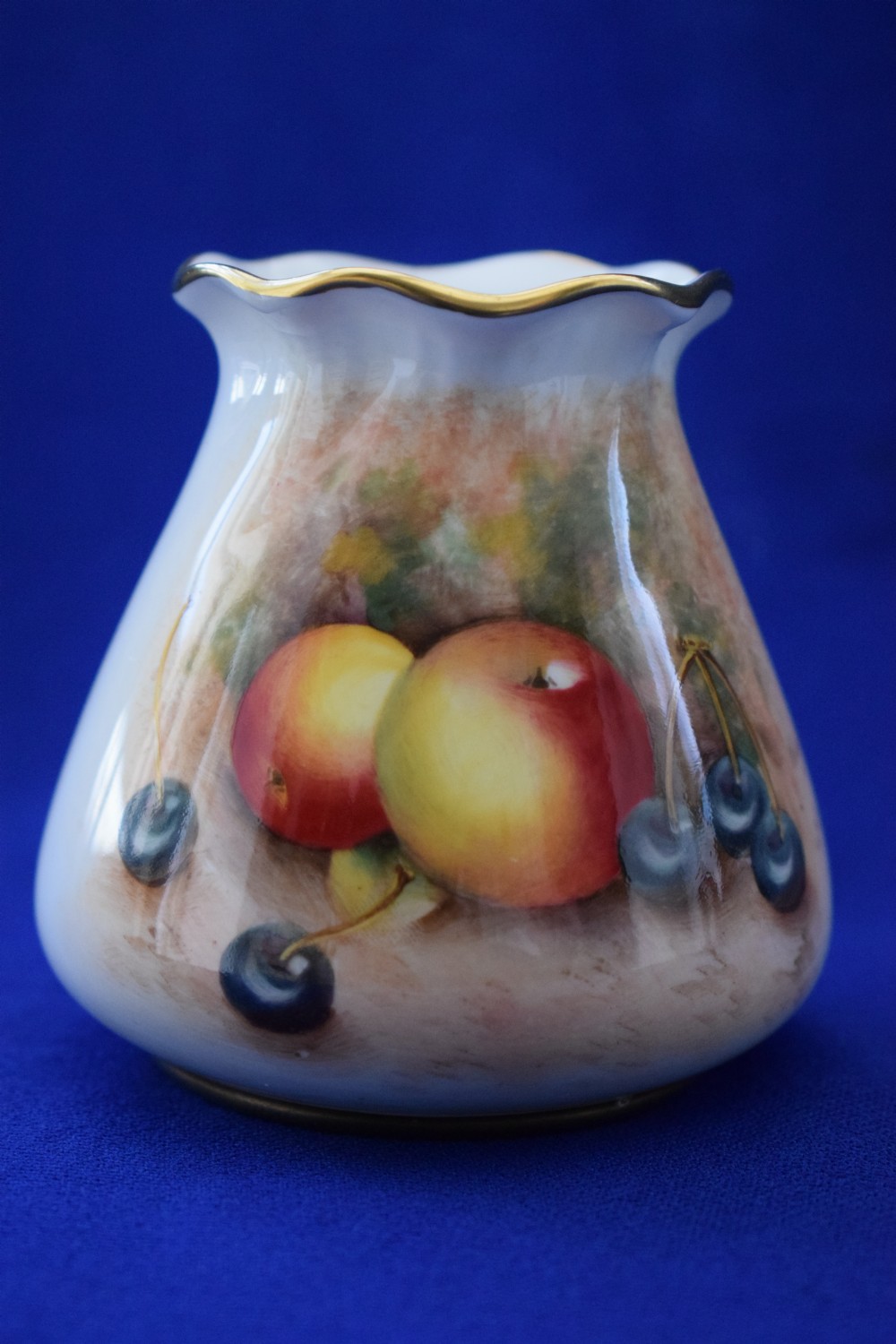 Royal Worcester painted fruit frilly neck vase