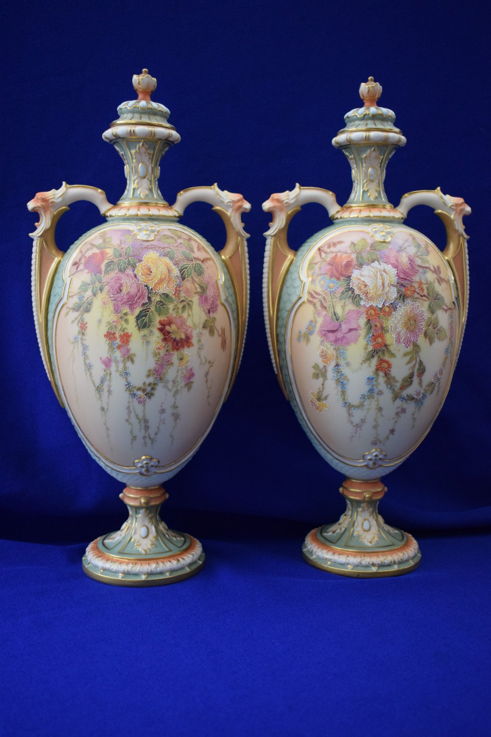 Royal Worcester pair of large artist signed floral vases.