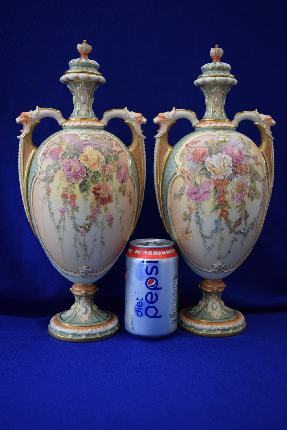 Royal Worcester pair of large artist signed floral vases. View II