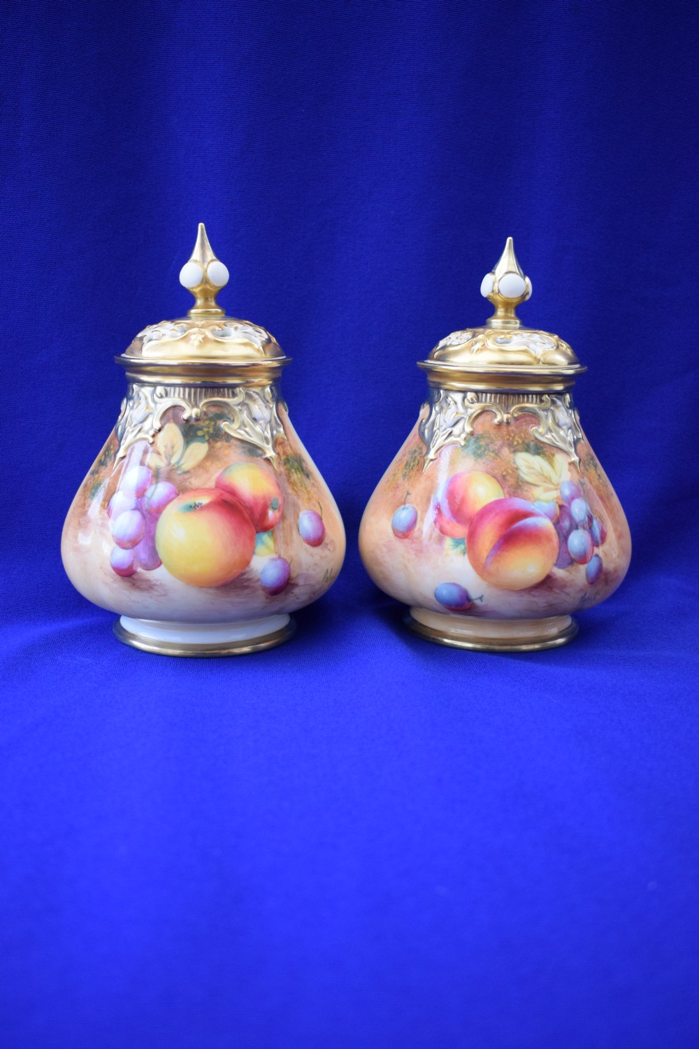 Royal Worcester pair of painted fruit pot pourri vases 