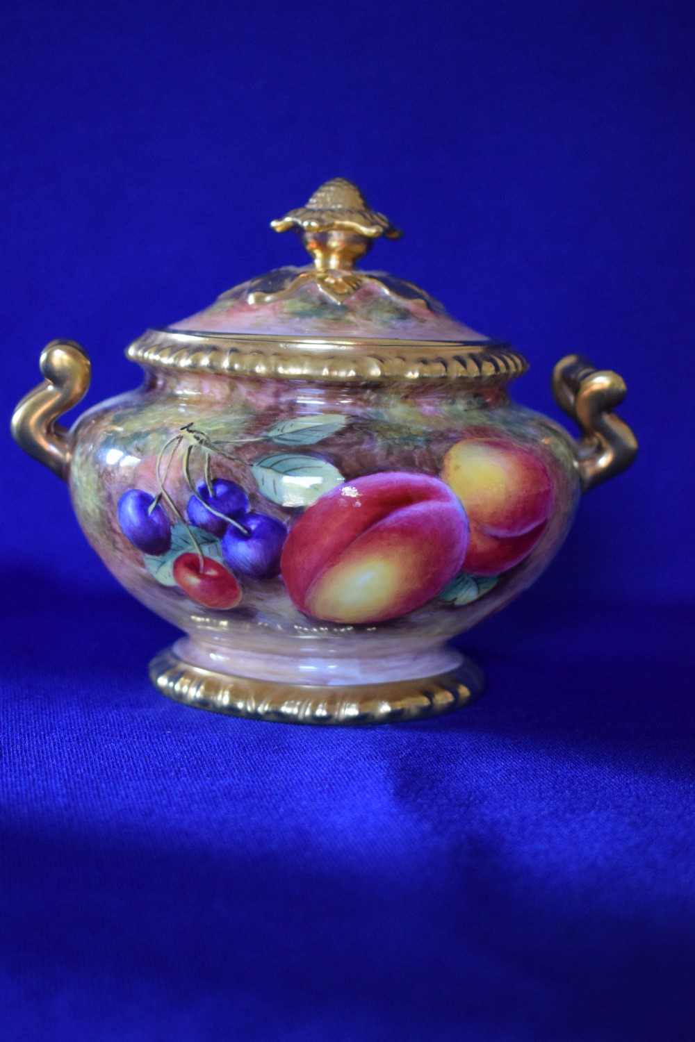 Royal Worcester painted fruit rope edge sugar box and cover