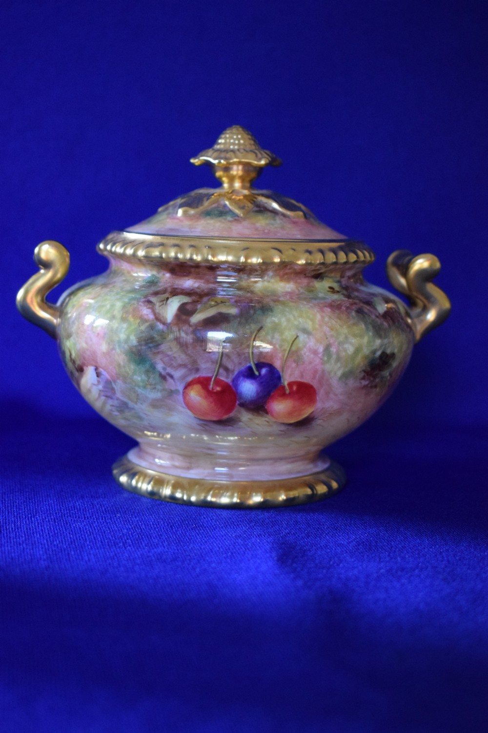 Royal Worcester painted fruit rope edge sugar box and cover View II