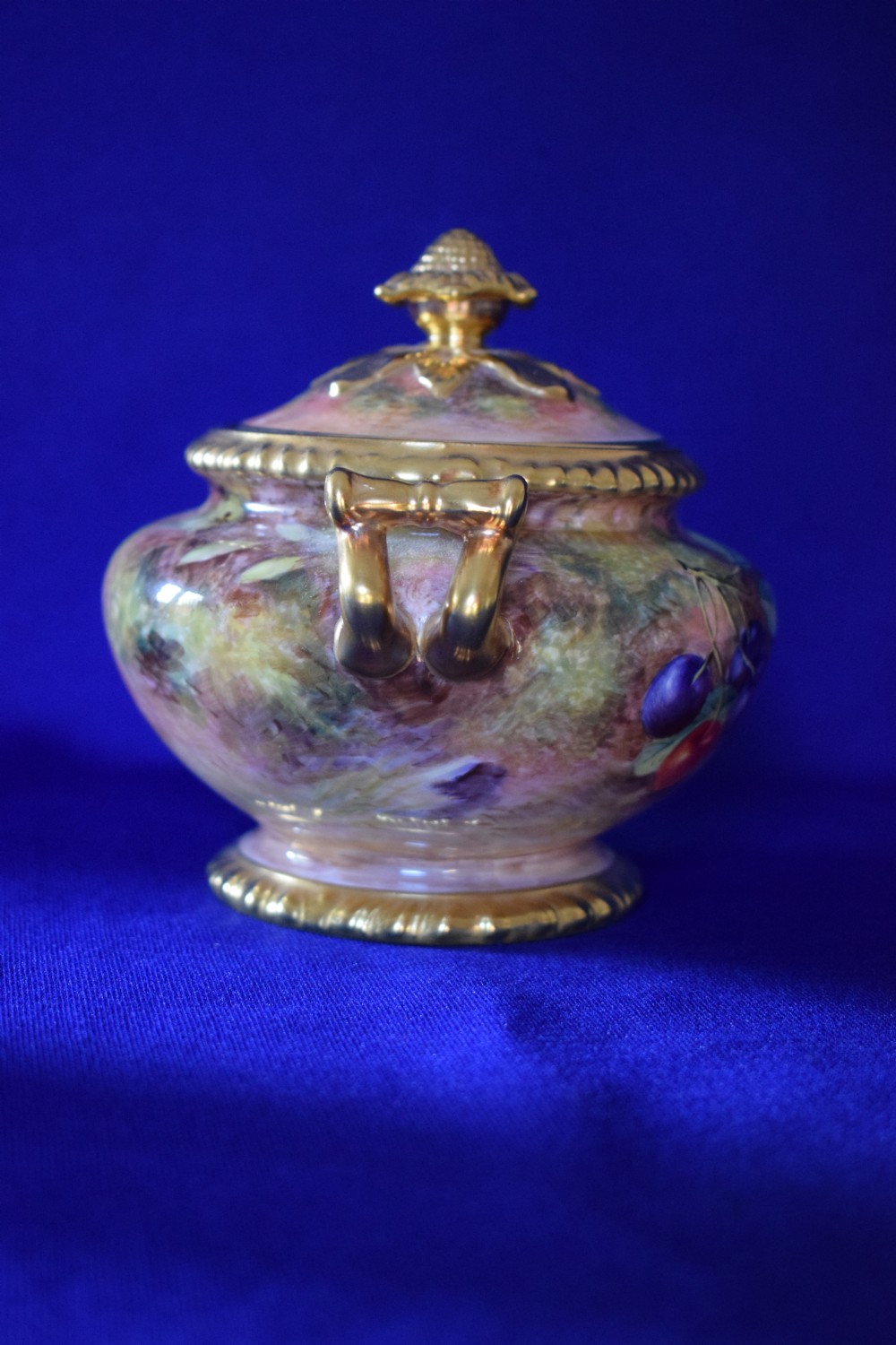 Royal Worcester painted fruit rope edge sugar box and cover View III
