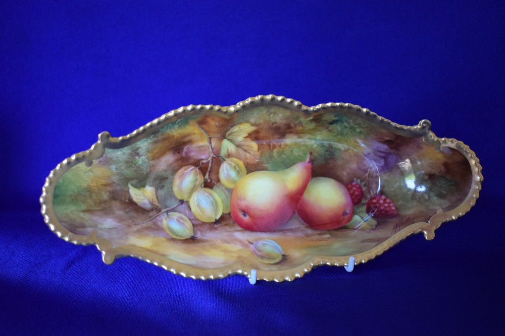 Royal Worcester painted fruit pencil tray, early pink mark period.