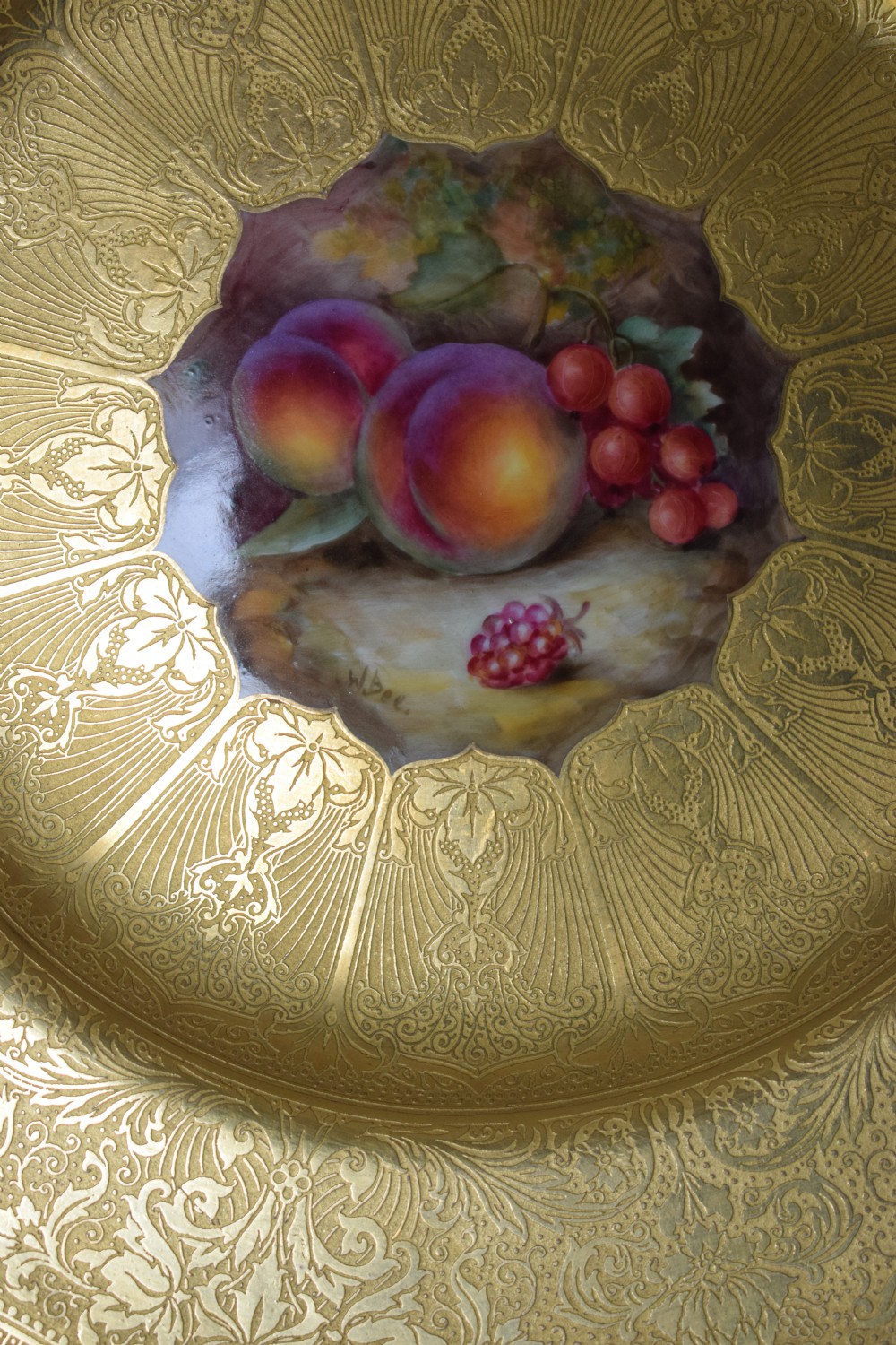 Royal Worcester gilt plate, painted fruit centre View II