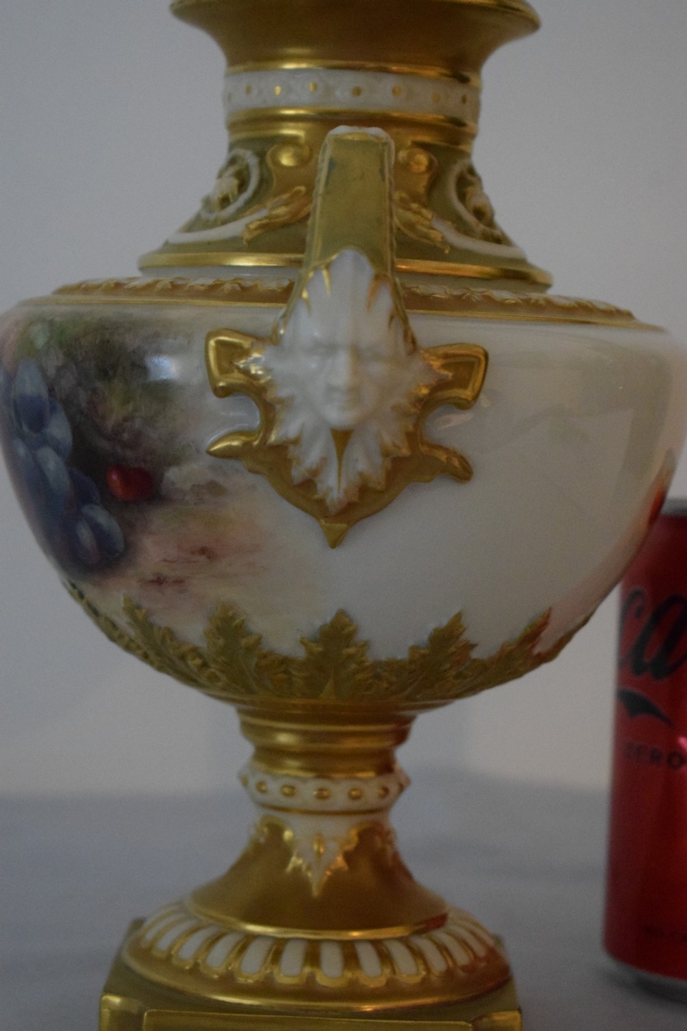 Royal Worcester painted fruit angel head vase and cover by Ricketts  View III