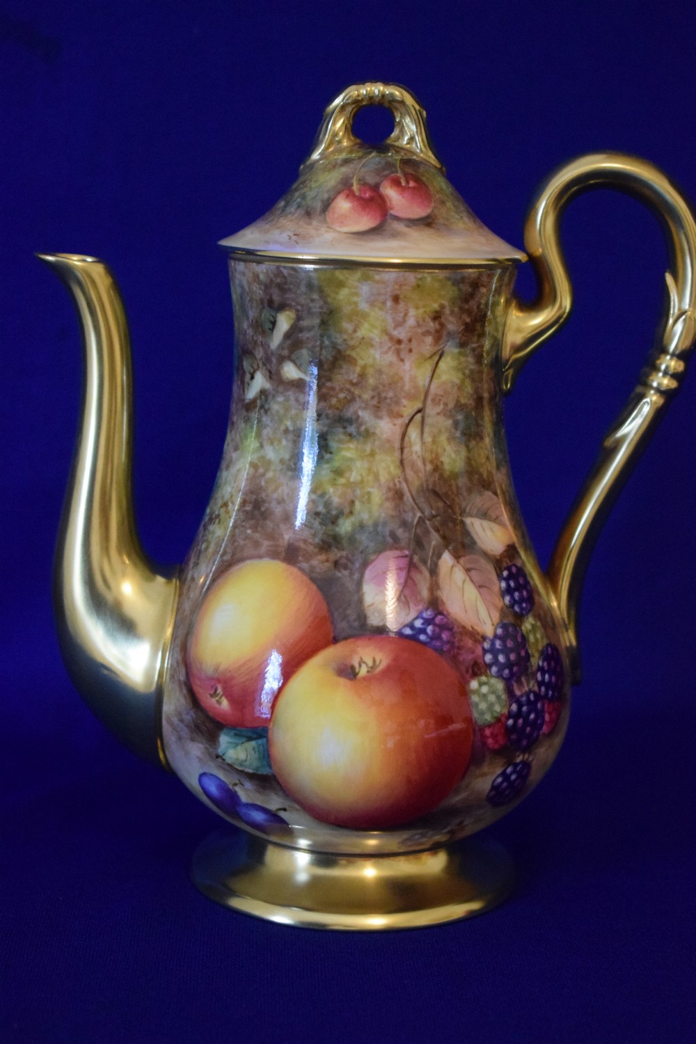 Royal Worcester painted fruit coffee pot and lid
