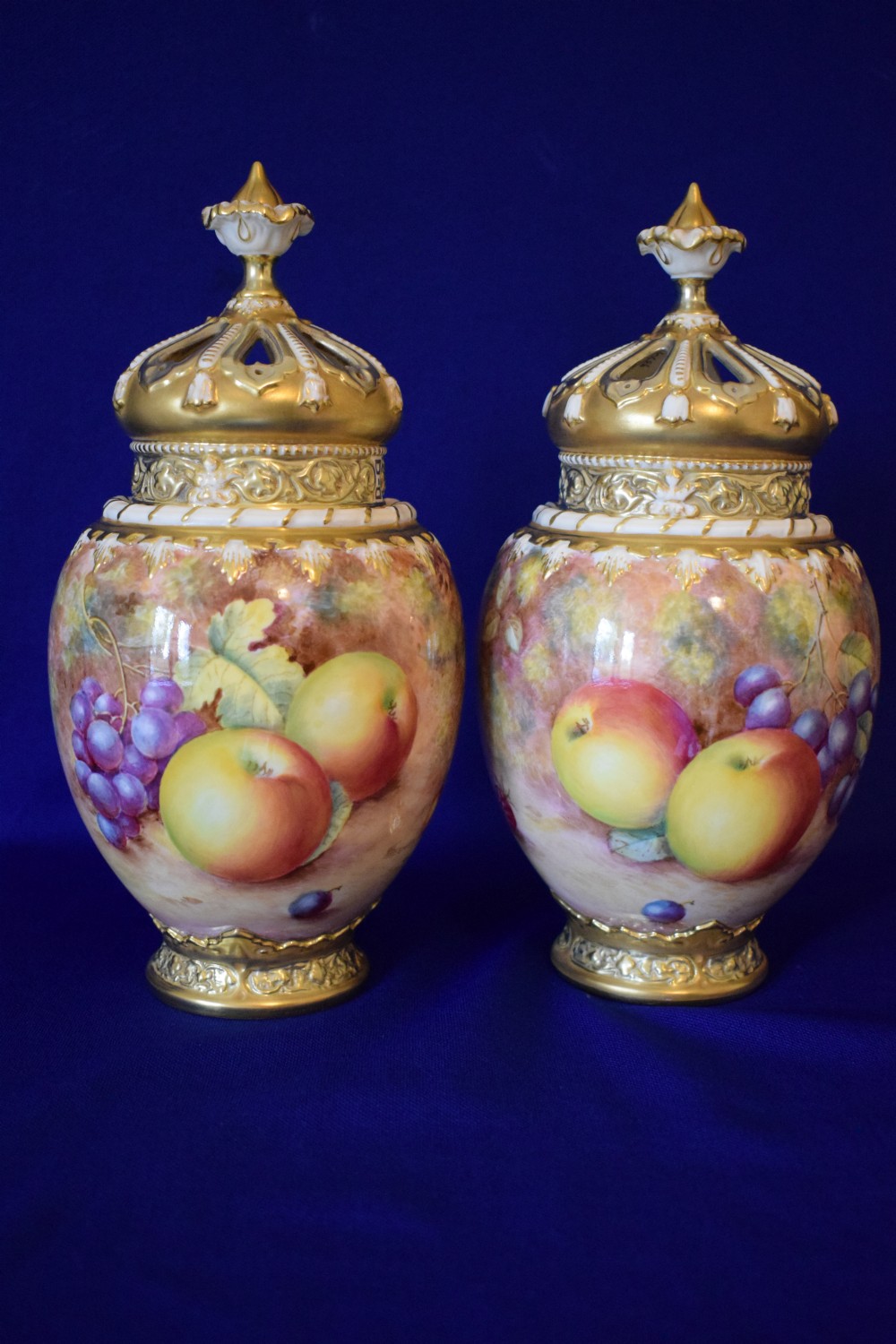 Royal Worcester pair of painted fruit 3 piece rose jars by Freeman