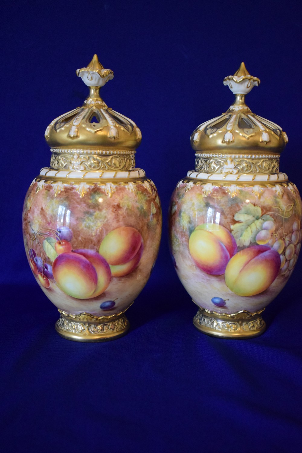 Royal Worcester pair of painted fruit 3 piece rose jars by Freeman View II