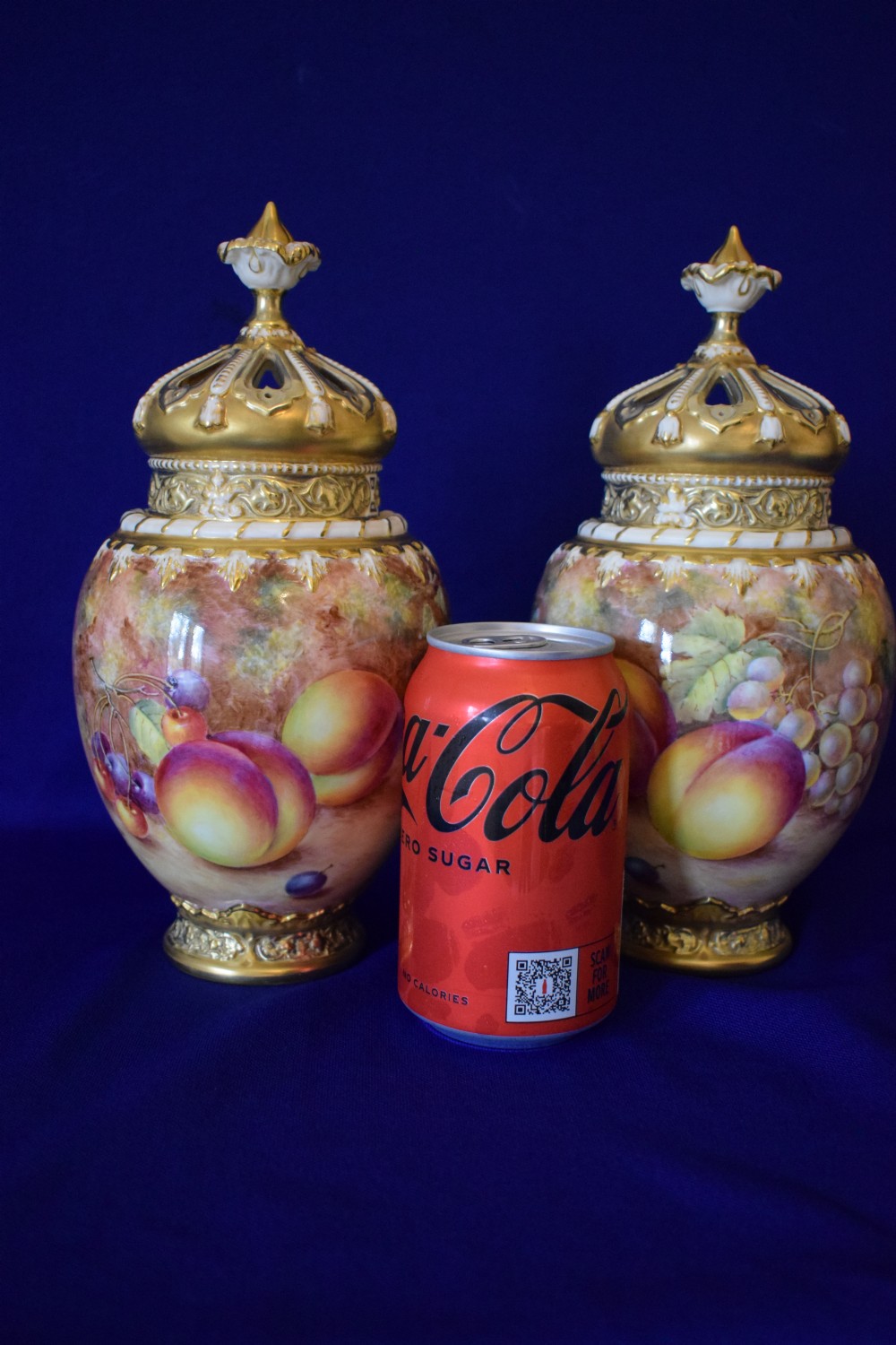 Royal Worcester pair of painted fruit 3 piece rose jars by Freeman View III