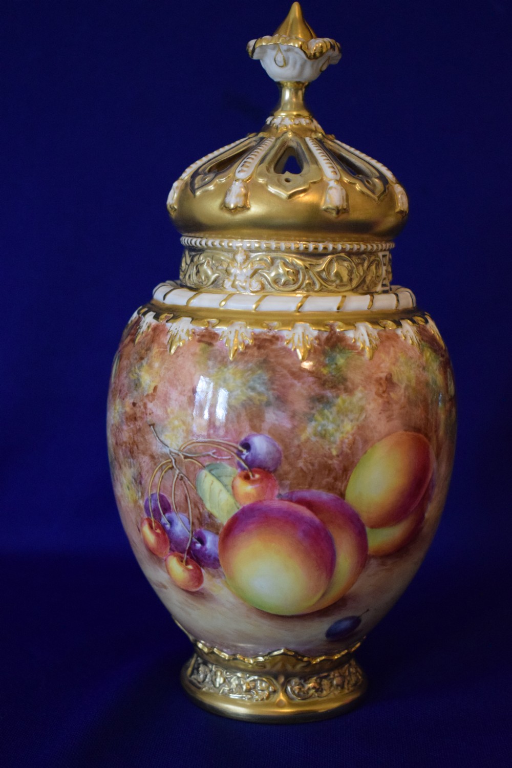 Royal Worcester pair of painted fruit 3 piece rose jars by Freeman View VI