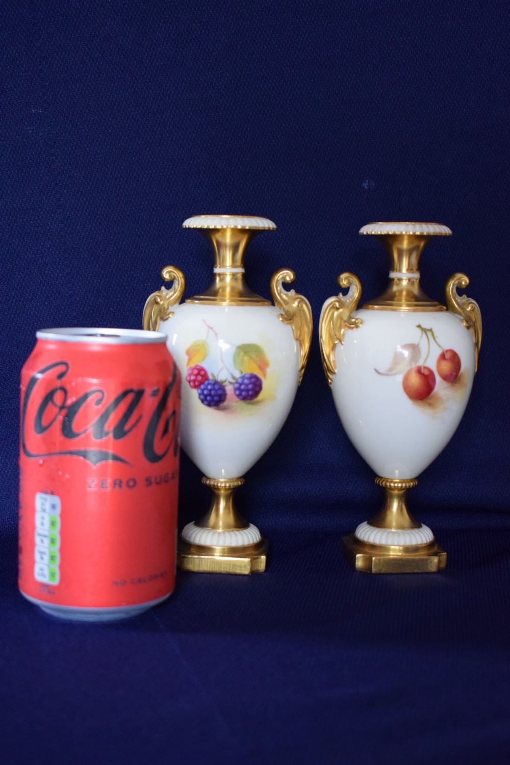 Royal Worcester pair of small painted fruit vases, pink mark View III