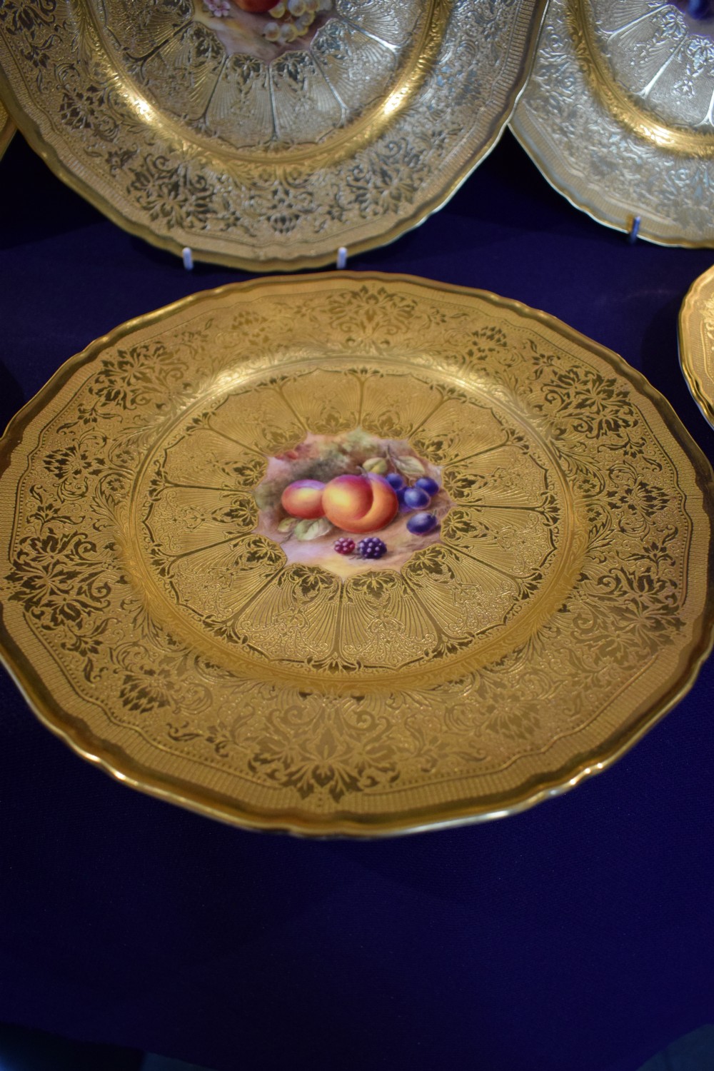 Royal Worcester set of 6 acid etched gilt plates with painted fruit centres View II