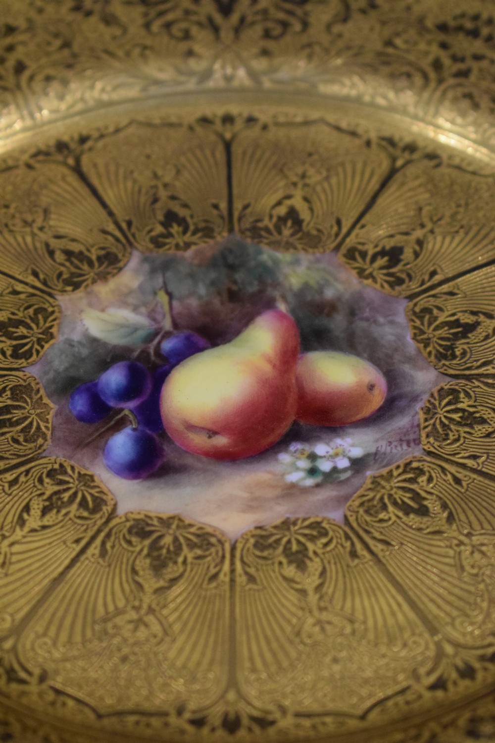 Royal Worcester set of 6 acid etched gilt plates with painted fruit centres View IX