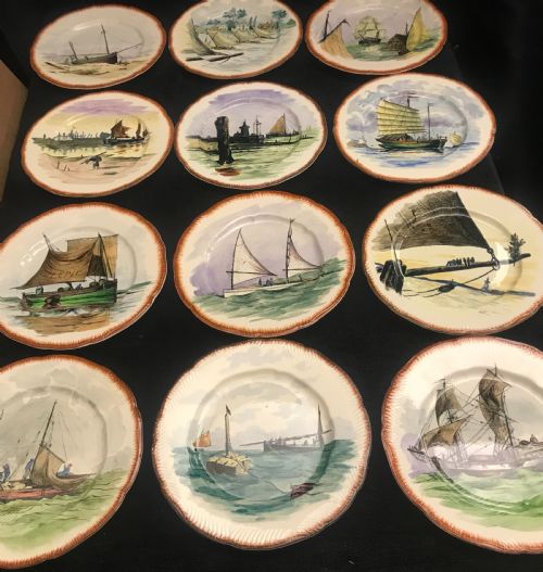 exquisite french handpainted creamware plates 1910 set of 12 - CATEGORY: ANTIQUE CERAMICS - DATED EDWARDIAN