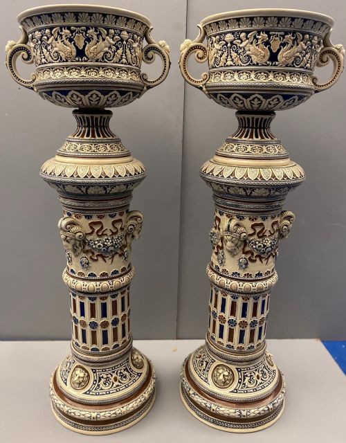 german mettlach pottery jardinieres on pedestals 1870 - CATEGORY: ANTIQUE CERAMICS - DATED 19TH CENTURY
