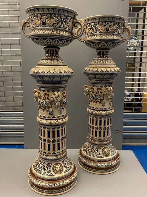 GERMAN METTLACH POTTERY JARDINIERES ON PEDESTALS 1870 - ADDITIONAL PHOTO 1