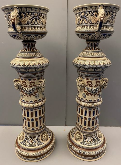 GERMAN METTLACH POTTERY JARDINIERES ON PEDESTALS 1870 - ADDITIONAL PHOTO 2