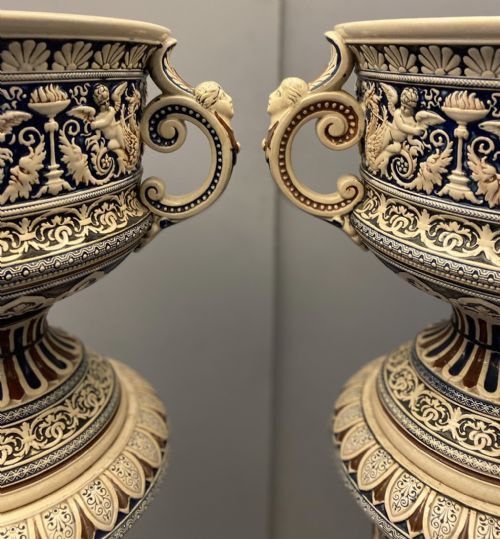 GERMAN METTLACH POTTERY JARDINIERES ON PEDESTALS 1870 - ADDITIONAL PHOTO 3