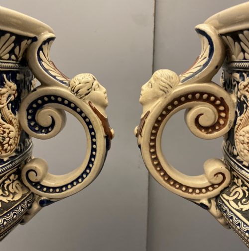 GERMAN METTLACH POTTERY JARDINIERES ON PEDESTALS 1870 - ADDITIONAL PHOTO 4
