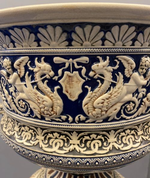 GERMAN METTLACH POTTERY JARDINIERES ON PEDESTALS 1870 - ADDITIONAL PHOTO 5