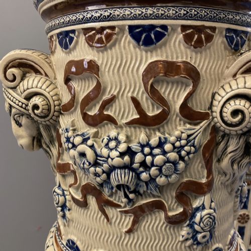 GERMAN METTLACH POTTERY JARDINIERES ON PEDESTALS 1870 - ADDITIONAL PHOTO 8