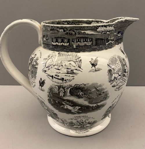 staffordshire frolics of youth jug in black transfer 1840 - CATEGORY: ANTIQUE JUGS - DATED VICTORIAN