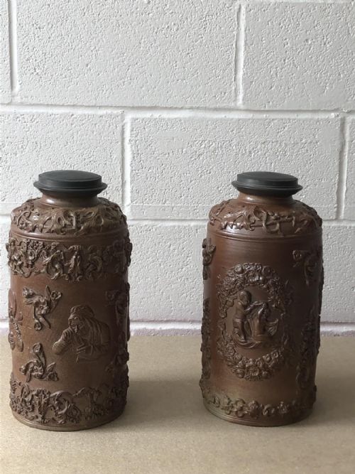 pr of saltglazed stoneware tobacco jars 1850 - CATEGORY: ANTIQUE CERAMICS - DATED VICTORIAN
