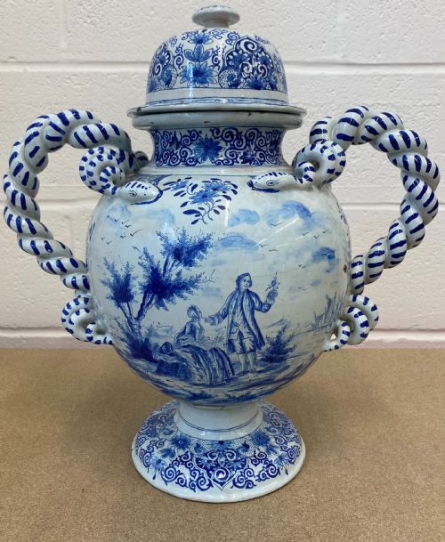 large delft vase with twisted handles 1850 - CATEGORY: ANTIQUE VASES - DATED 1850
