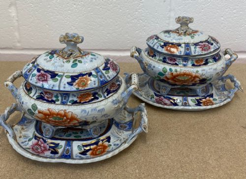 a pair of hicks and meigh ironstone sauce tureens on stands 2nd pair - CATEGORY: ANTIQUE CERAMICS - DATED 19TH CENTURY