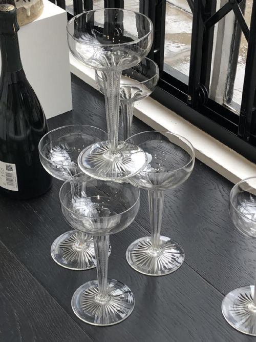 set of 11 extra tall hollow stemmed champagne coupes 18901910 - CATEGORY: ANTIQUE GLASS - DATED EDWARDIAN