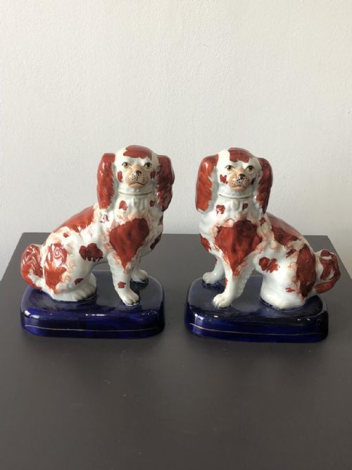 pr of rare staffordshire spaniels on blue bases 1845 - CATEGORY: ANTIQUE CERAMICS - DATED VICTORIAN