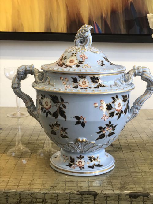 an incredibly rare ridgway ice pail in blue drab with enamelled flowers circa 1845 - CATEGORY: ANTIQUE CERAMICS - DATED VICTORIAN