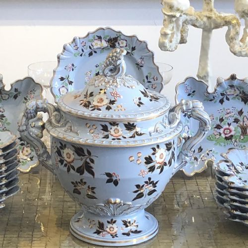AN INCREDIBLY RARE RIDGWAY ICE PAIL IN BLUE DRAB WITH ENAMELLED FLOWERS CIRCA 1845 - ADDITIONAL PHOTO 1