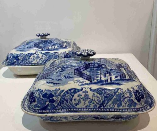 2 wedgwood bamboo pattern blue and white transfer vegetable tureens 1815 - CATEGORY: ANTIQUE CERAMICS - DATED REGENCY
