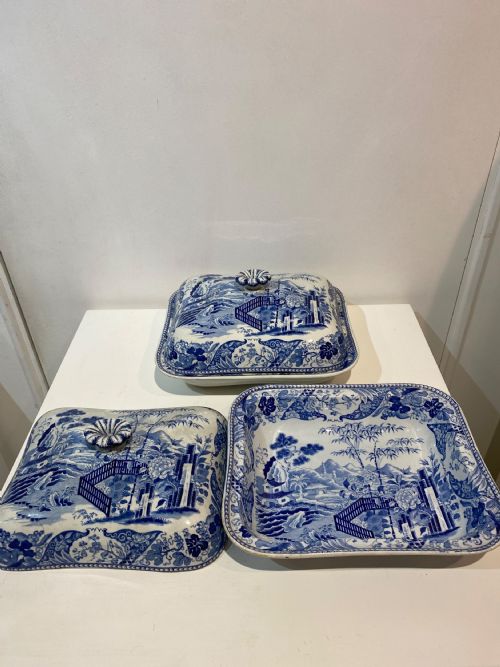 2 WEDGWOOD BAMBOO PATTERN BLUE AND WHITE TRANSFER VEGETABLE TUREENS 1815 - ADDITIONAL PHOTO 1