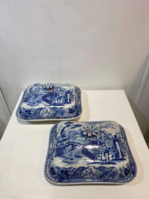 2 WEDGWOOD BAMBOO PATTERN BLUE AND WHITE TRANSFER VEGETABLE TUREENS 1815 - ADDITIONAL PHOTO 3