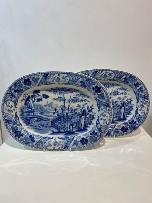 2 bamboo pattern wedgwood blue and white transfer platters pair2 - CATEGORY: ANTIQUE CERAMICS - DATED REGENCY