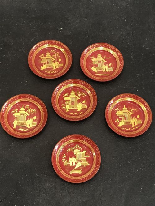 set of 6 exquisite red lacquered paper mache chinese plates circa 1820 - CATEGORY: ANTIQUE PLATES - DATED REGENCY